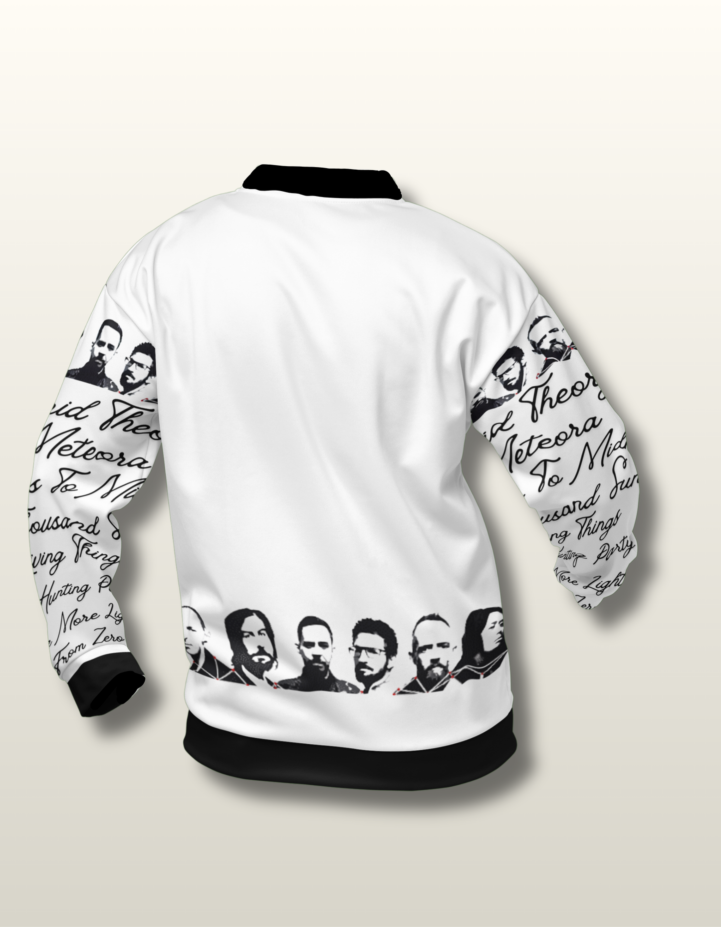 White bomber jacket with black text and images on sleeves and back against a beige background